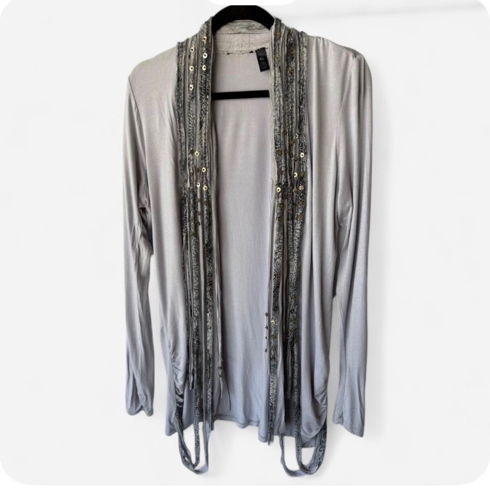 BKE Boutique Open Front Cardigan Gray Sequin Steampunk Grunge Festival Boho XL